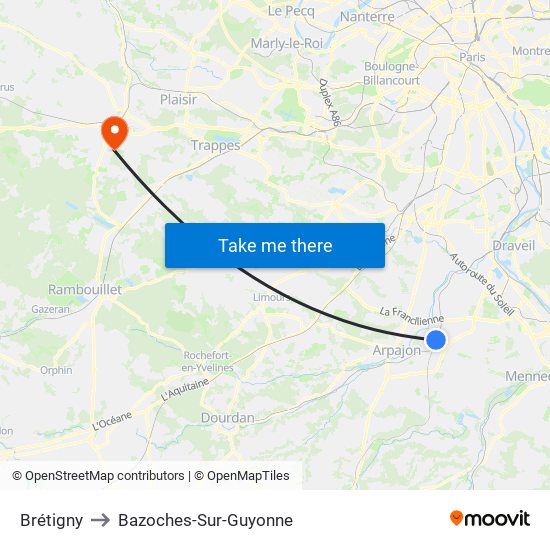 Brétigny to Bazoches-Sur-Guyonne map