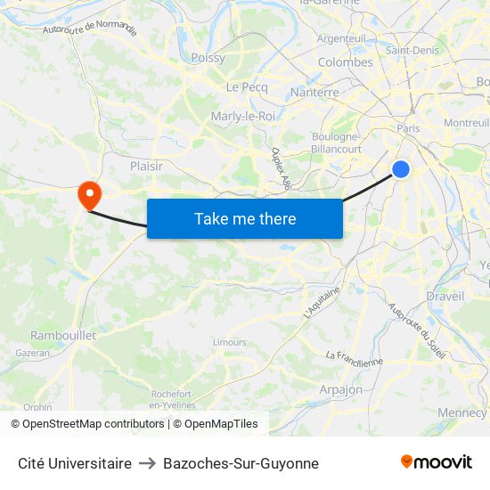 Cité Universitaire to Bazoches-Sur-Guyonne map