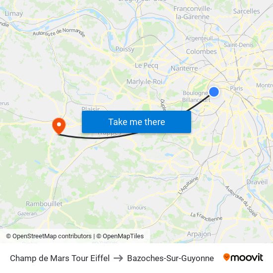 Champ de Mars Tour Eiffel to Bazoches-Sur-Guyonne map