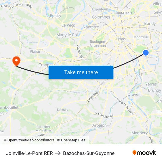 Joinville-Le-Pont RER to Bazoches-Sur-Guyonne map