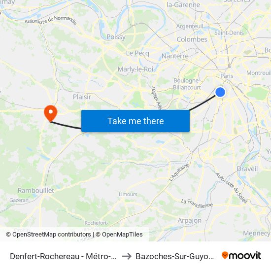 Denfert-Rochereau - Métro-Rer to Bazoches-Sur-Guyonne map