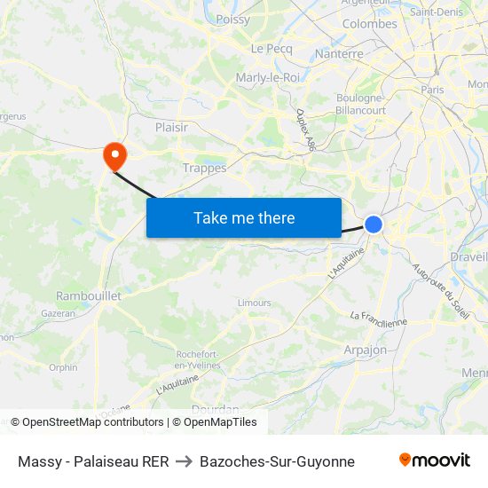 Massy - Palaiseau RER to Bazoches-Sur-Guyonne map