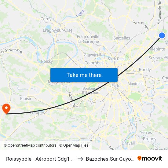 Roissypole - Aéroport Cdg1 (E2) to Bazoches-Sur-Guyonne map