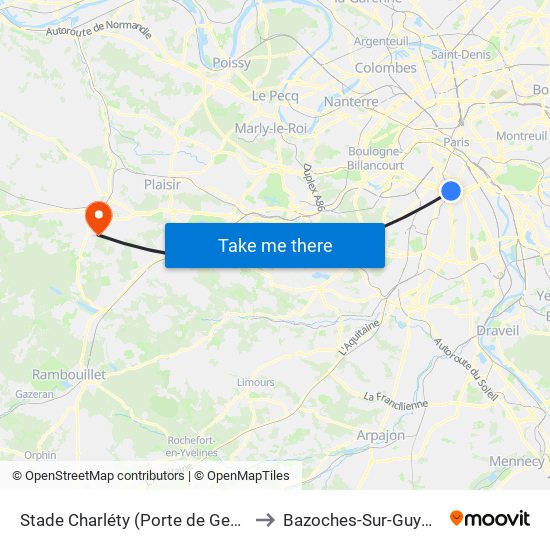 Stade Charléty (Porte de Gentilly) to Bazoches-Sur-Guyonne map