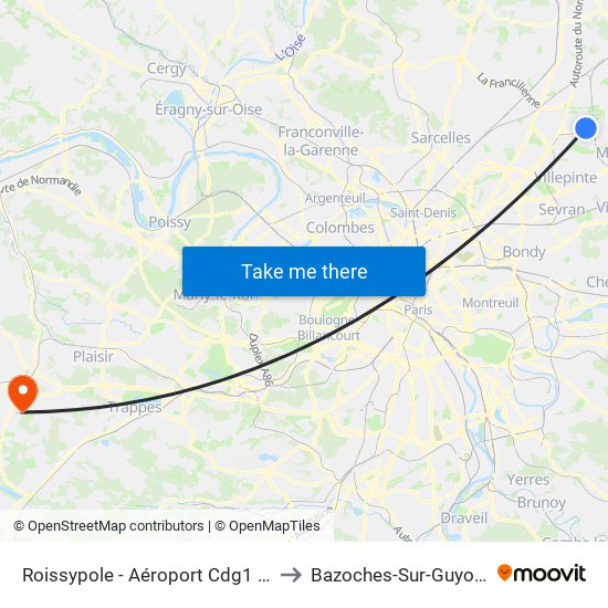 Roissypole - Aéroport Cdg1 (D1) to Bazoches-Sur-Guyonne map