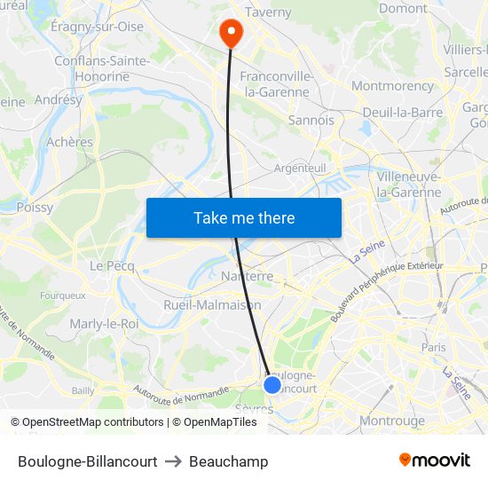 Boulogne-Billancourt to Beauchamp map