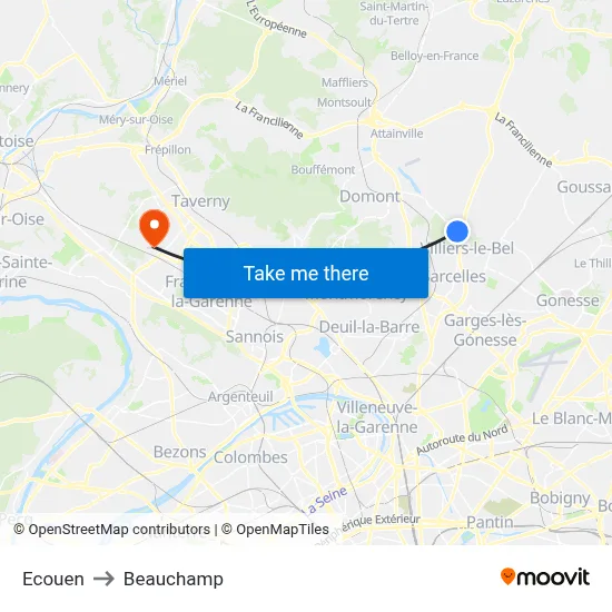 Ecouen to Beauchamp map
