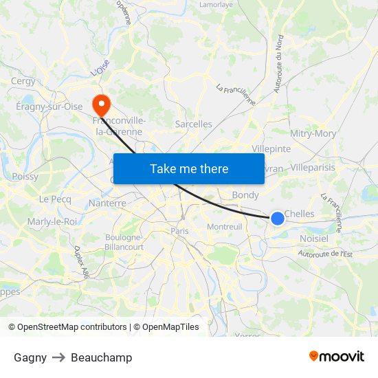 Gagny to Beauchamp map