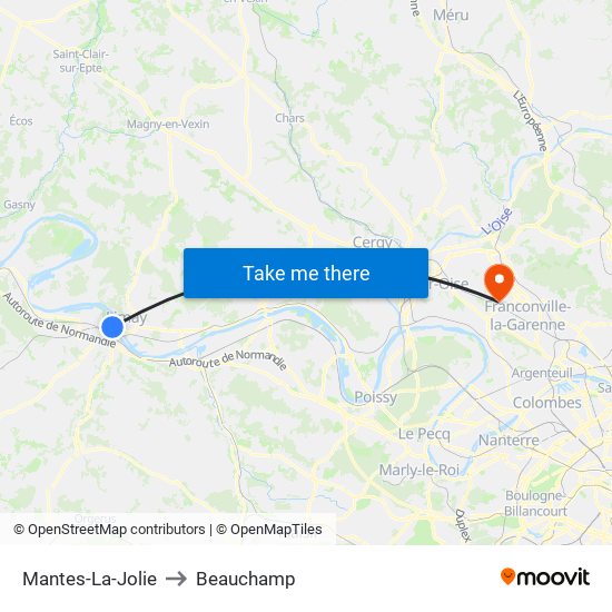 Mantes-La-Jolie to Beauchamp map