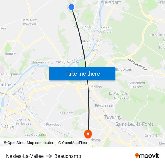 Nesles-La-Vallee to Beauchamp map
