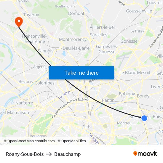 Rosny-Sous-Bois to Beauchamp map