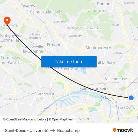 Saint-Denis - Université to Beauchamp map