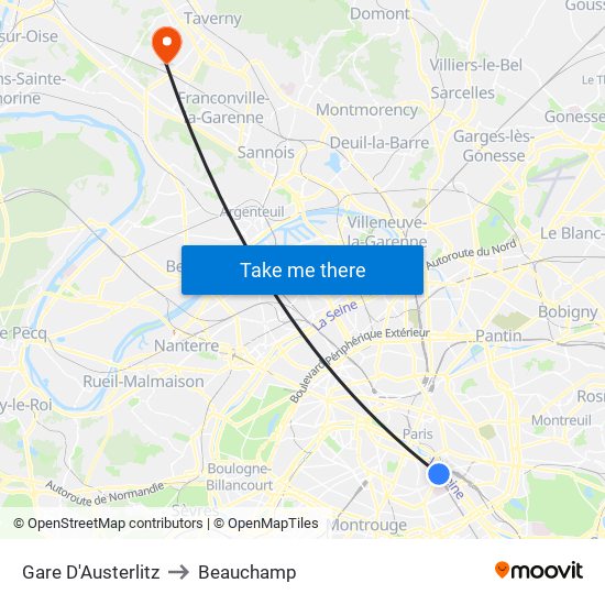 Gare D'Austerlitz to Beauchamp map