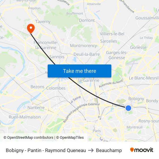 Bobigny - Pantin - Raymond Queneau to Beauchamp map