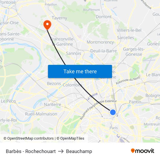 Barbès - Rochechouart to Beauchamp map