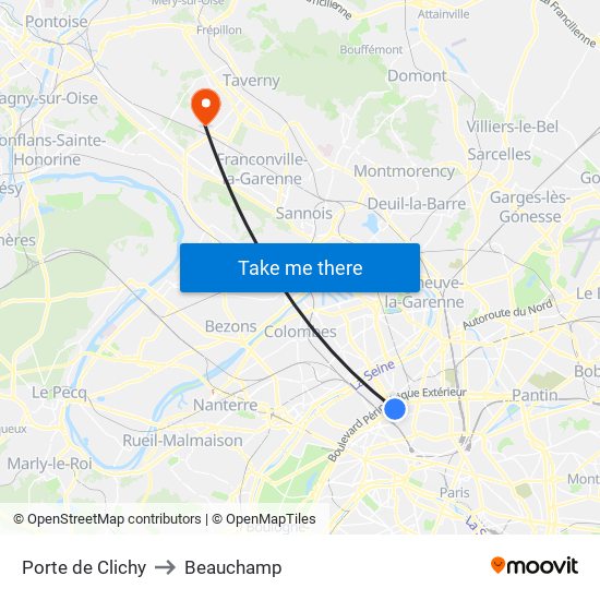 Porte de Clichy to Beauchamp map