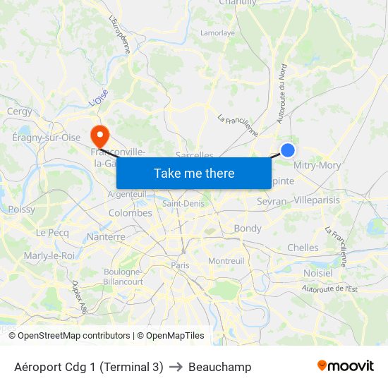 Aéroport Cdg 1 (Terminal 3) to Beauchamp map