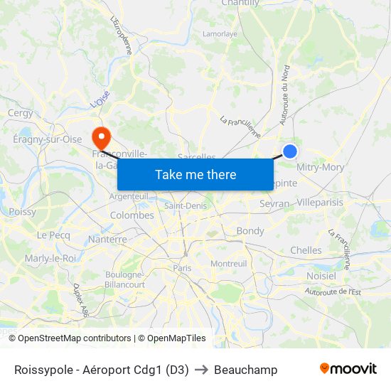 Roissypole - Aéroport Cdg1 (D3) to Beauchamp map