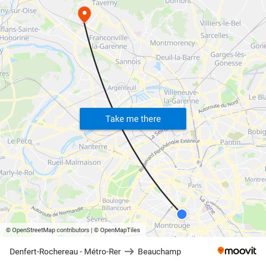 Denfert-Rochereau - Métro-Rer to Beauchamp map