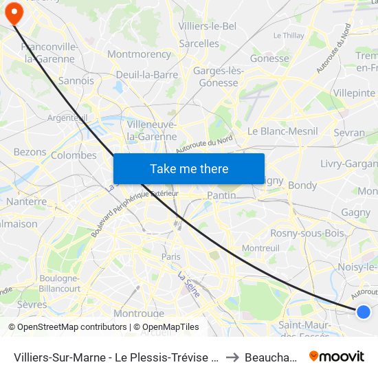 Villiers-Sur-Marne - Le Plessis-Trévise RER to Beauchamp map