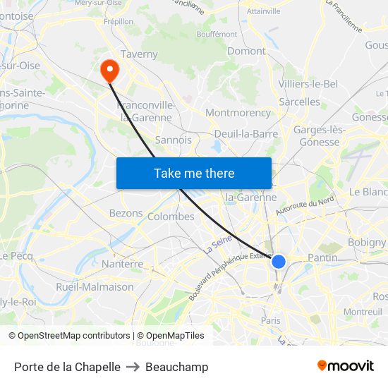 Porte de la Chapelle to Beauchamp map
