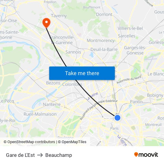 Gare de L'Est to Beauchamp map