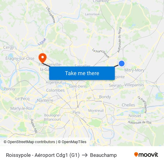 Roissypole - Aéroport Cdg1 (G1) to Beauchamp map