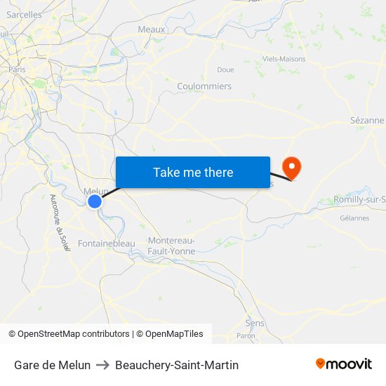 Gare de Melun to Beauchery-Saint-Martin map