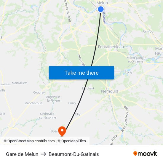 Gare de Melun to Beaumont-Du-Gatinais map