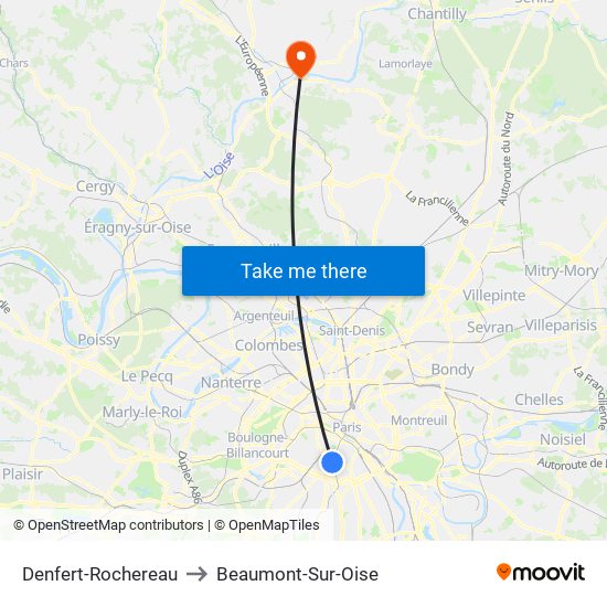 Denfert-Rochereau to Beaumont-Sur-Oise map
