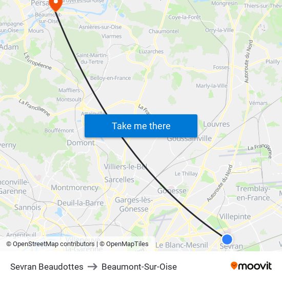 Sevran Beaudottes to Beaumont-Sur-Oise map