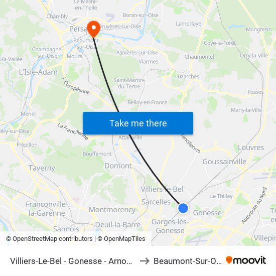 Villiers-Le-Bel - Gonesse - Arnouville to Beaumont-Sur-Oise map