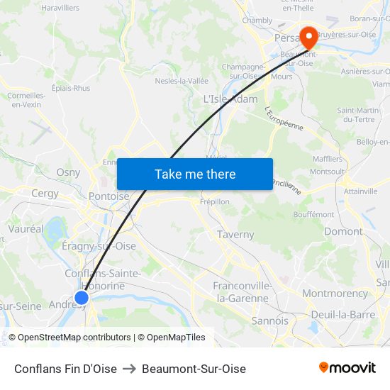 Conflans Fin D'Oise to Beaumont-Sur-Oise map