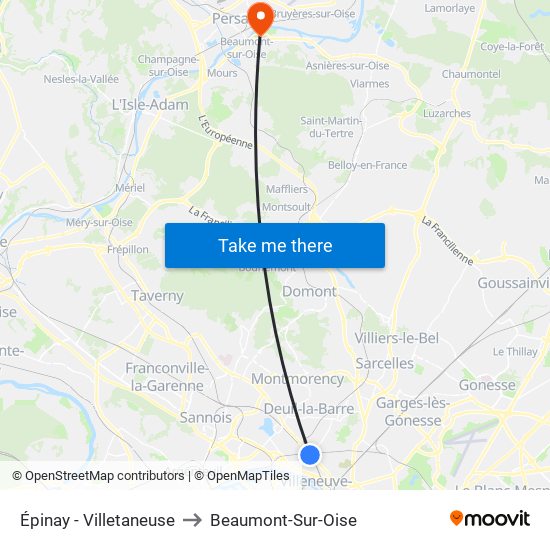 Épinay - Villetaneuse to Beaumont-Sur-Oise map