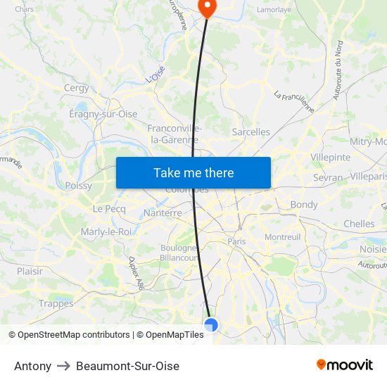 Antony to Beaumont-Sur-Oise map