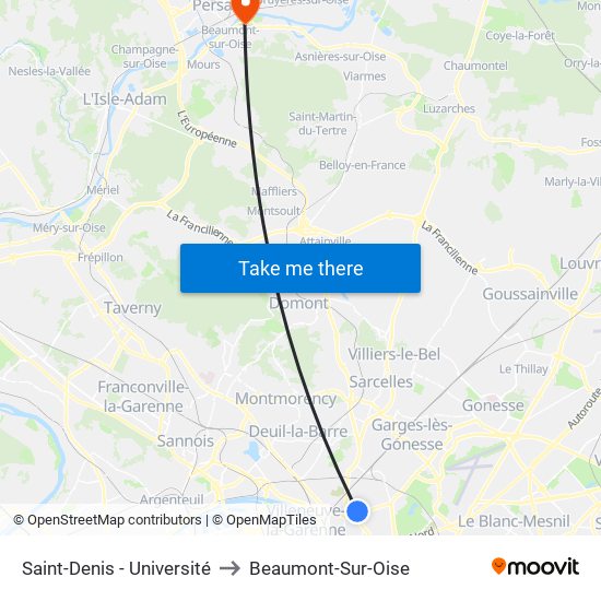 Saint-Denis - Université to Beaumont-Sur-Oise map