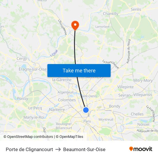 Porte de Clignancourt to Beaumont-Sur-Oise map