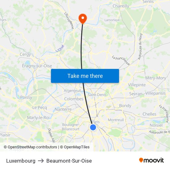 Luxembourg to Beaumont-Sur-Oise map