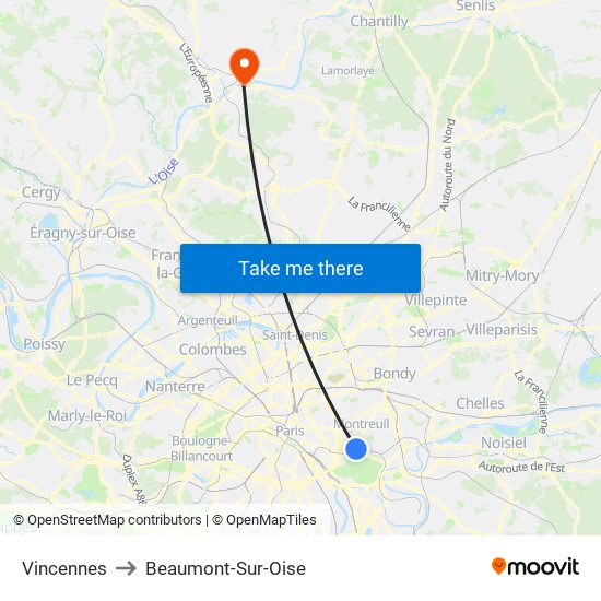 Vincennes to Beaumont-Sur-Oise map