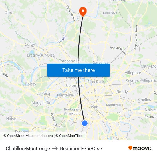Châtillon-Montrouge to Beaumont-Sur-Oise map