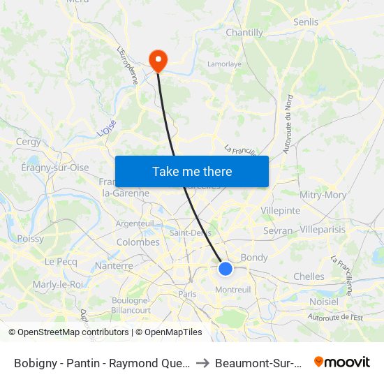 Bobigny - Pantin - Raymond Queneau to Beaumont-Sur-Oise map