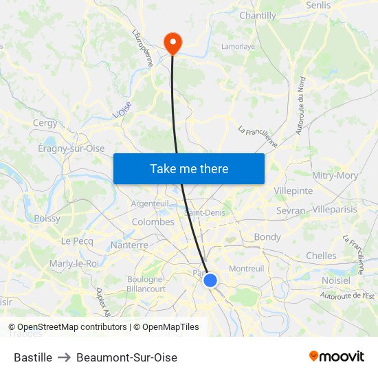 Bastille to Beaumont-Sur-Oise map