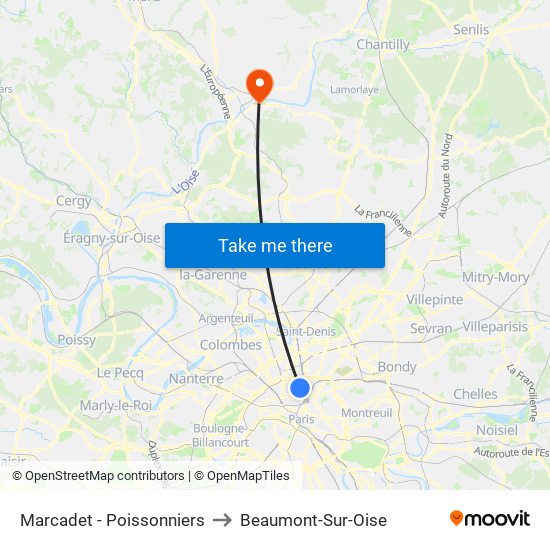 Marcadet - Poissonniers to Beaumont-Sur-Oise map