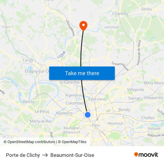 Porte de Clichy to Beaumont-Sur-Oise map