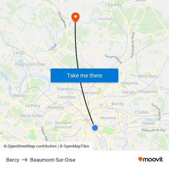 Bercy to Beaumont-Sur-Oise map