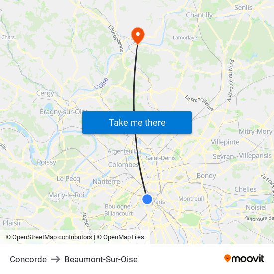 Concorde to Beaumont-Sur-Oise map