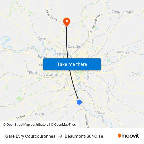 Gare Évry Courcouronnes to Beaumont-Sur-Oise map