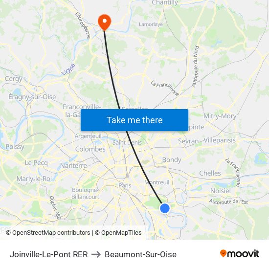 Joinville-Le-Pont RER to Beaumont-Sur-Oise map