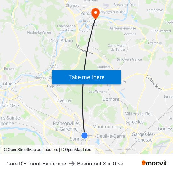 Gare D'Ermont-Eaubonne to Beaumont-Sur-Oise map