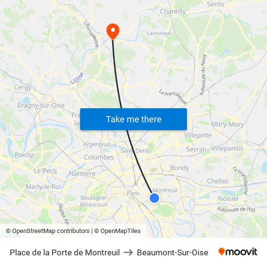 Place de la Porte de Montreuil to Beaumont-Sur-Oise map